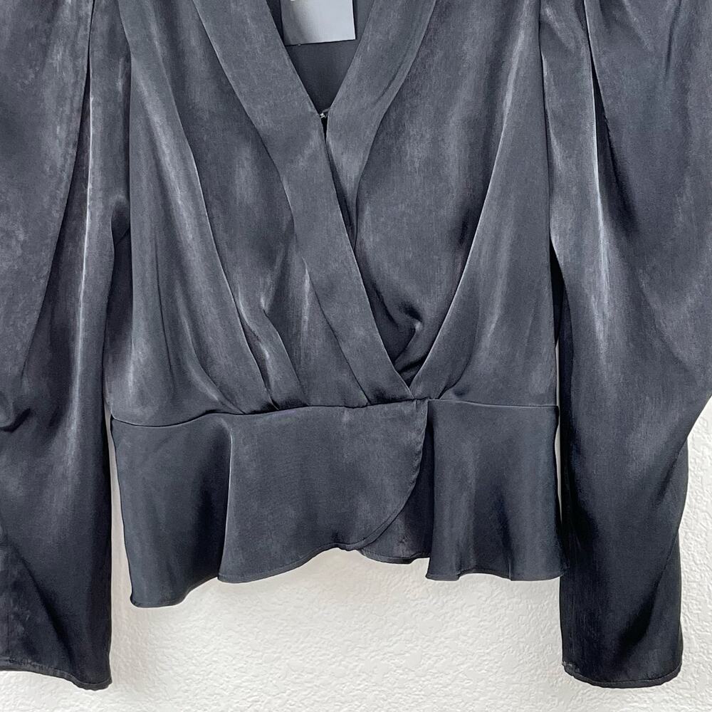 DKNY Black Satin Peplum Blouse V-Neck Long Puff Sleeve Evening Party XS NWT - Picture 6 of 13